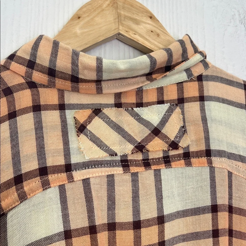 Free People - Pacific Dawn Peach And Cream Plaid Cinched Back Blouse Size Small